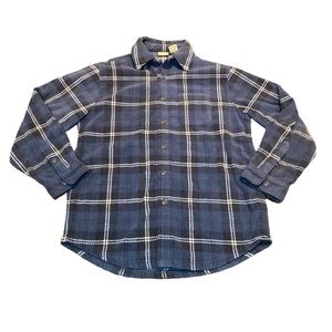LL Bean Flannel Fleece Plaid Blue Button Up Short Ladies Sz 14-16